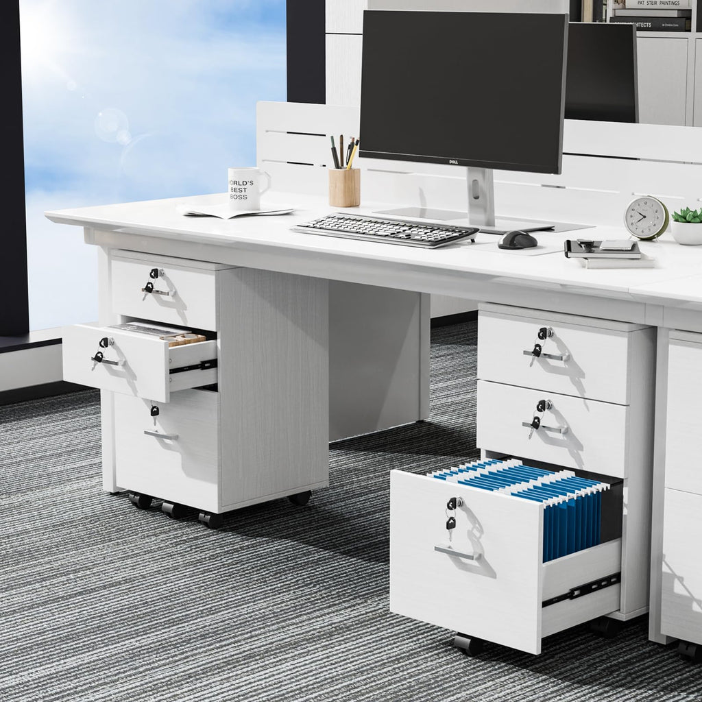 3-Drawer File Cabinet with Lock, Wood Rolling Filing Cabinets for Home Office, Mobile Printer Stand, Under Desk File Organizer for Letter Sized Files, 26" H(Caster Included), White