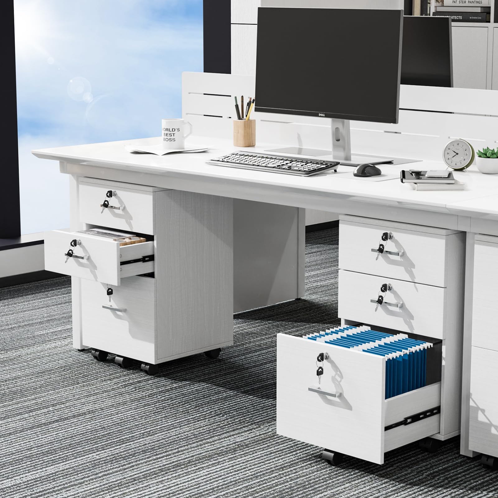 3-Drawer File Cabinet with Lock, Wood Rolling Filing Cabinets for Home Office, Mobile Printer Stand, Under Desk File Organizer for Letter Sized Files, 26" H(Caster Included), White