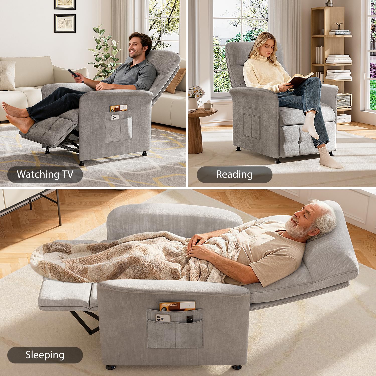 Power Recliner Chair for Adults with Heat & Massage - Soft Fabric Electric Reclining Sofa with Remote Control, 3 Side Pockets, 180° Lay Sleeper for Living Room Home Theater, Light Grey
