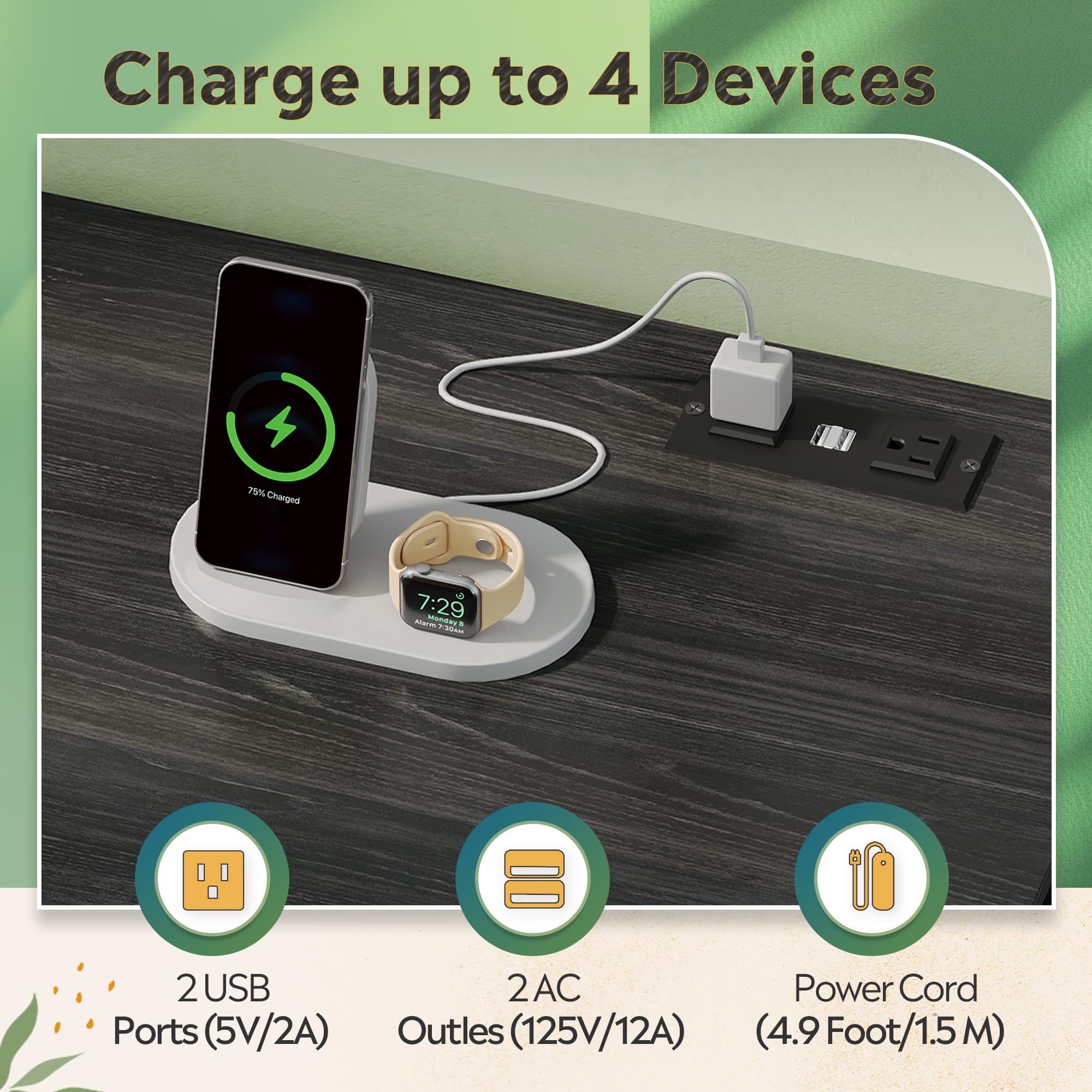 3 Drawer Mobile File Cabinet with Storage Shelf, Charging Station