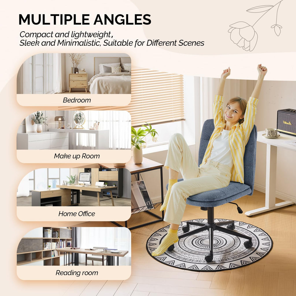 Mid Back Armless Office Desk Chair with Wheels/no Wheels,360°Rocking Swivel Vanity Chair with Thickened Cushion,Adjustable Height Rolling for Reading Room, Make up, Linen Navy Blue