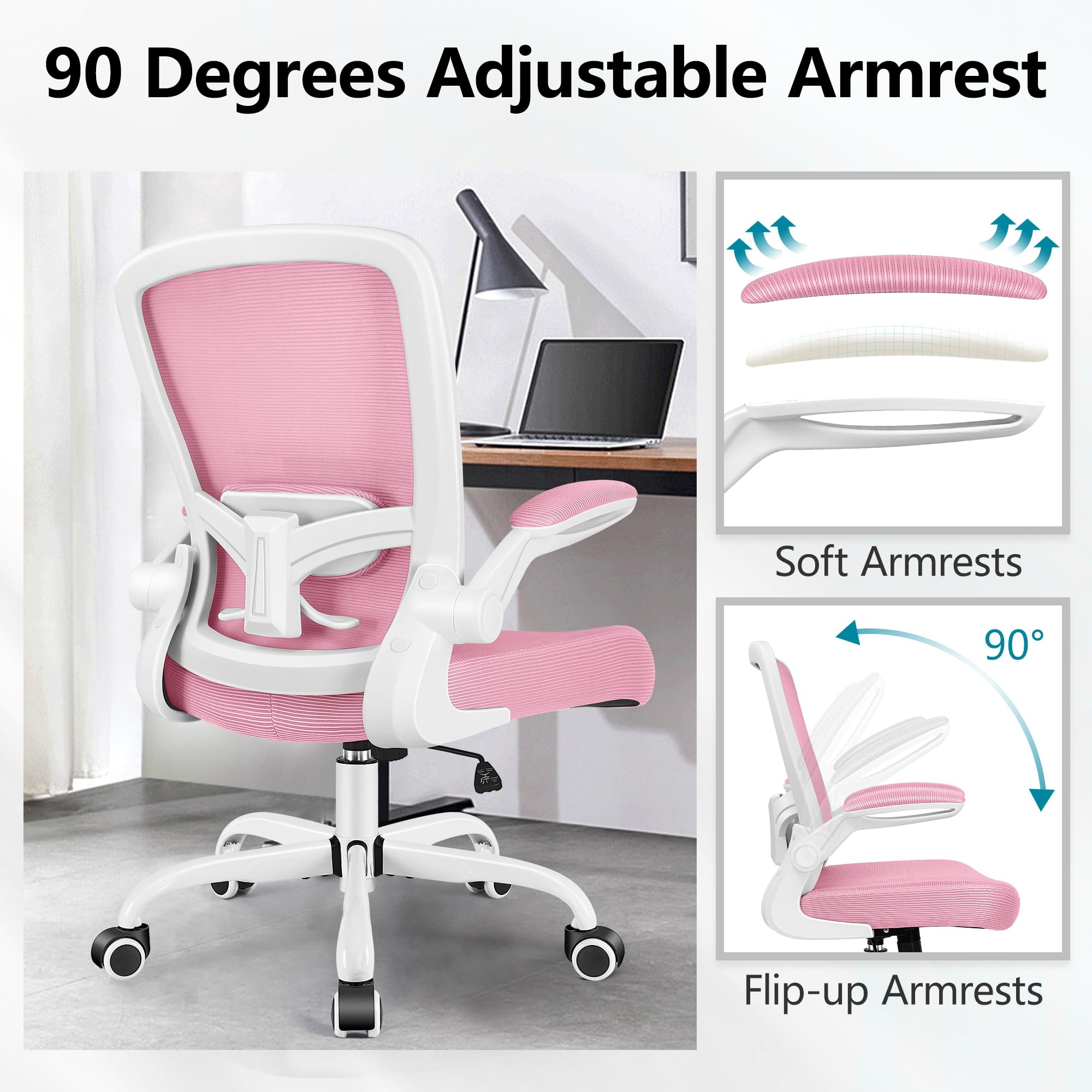 Office Chair, Ergonomic Desk Chair Breathable Mesh Chairs Adjustable High Back Lumbar Support Flip-up Armrests, Executive Rolling Swivel Comfy Computer Chairs Home Office Pink