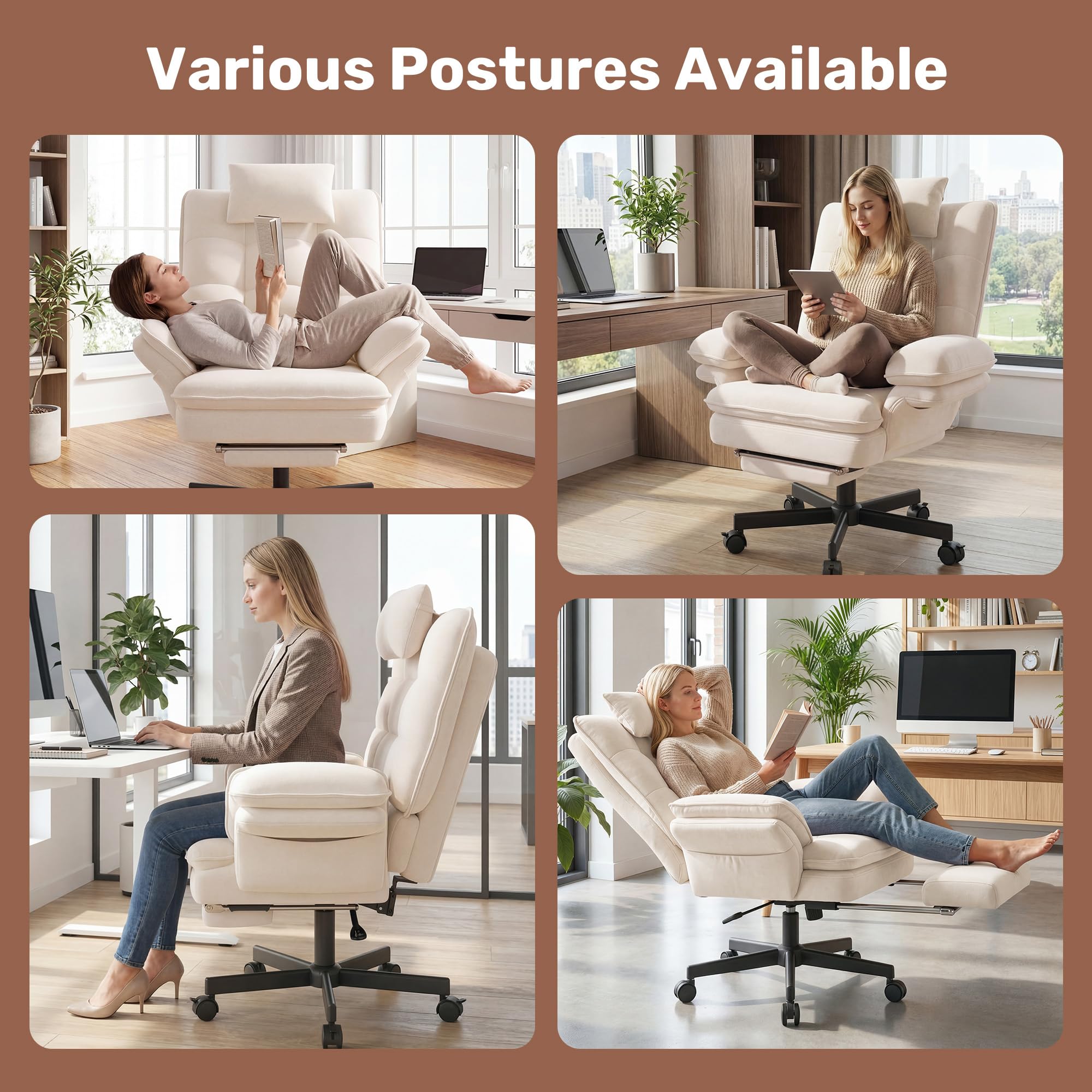 Criss Cross Office Chair with Foot Rest, Big and Tall Criss Cross Chair with Flip-Up Arms and Headrest, 135° Reclining Swivel Velvet Cross Legged Office Chair with Wheels, Cloud Chair for Home (Beige)