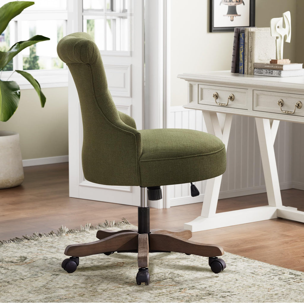Home Office Chair Upholstered Armless Desk Chair with Wheels Adjustable Height Computer Desk Chair with Wooden Legs Comfortable Swivel Chair for Home Office Study Studio (Green)