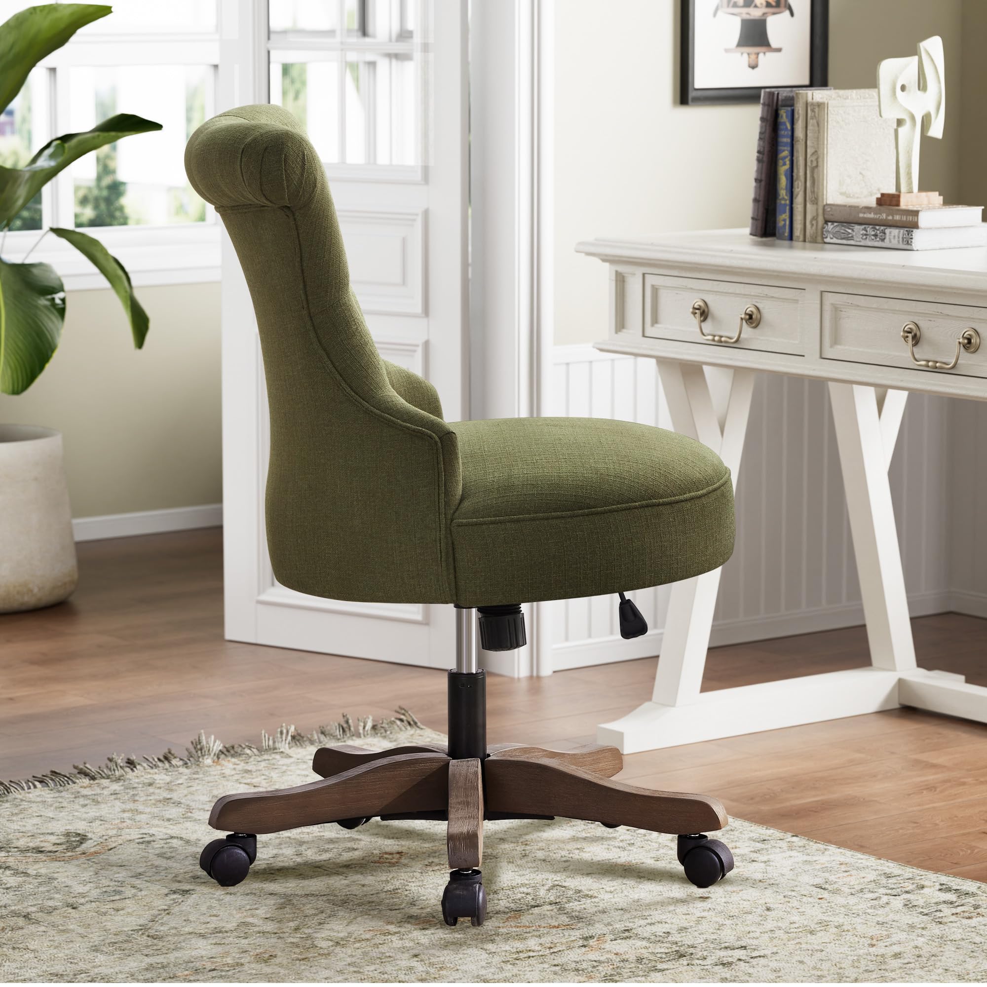 Home Office Chair Upholstered Armless Desk Chair with Wheels Adjustable Height Computer Desk Chair with Wooden Legs Comfortable Swivel Chair for Home Office Study Studio (Green)
