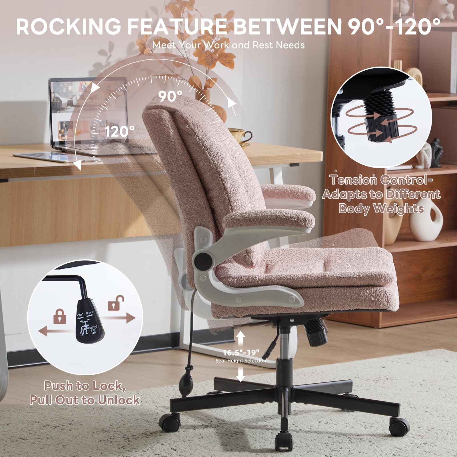 Criss Cross Office Chair with 2 in 1 Inflatable Flip-up Back, Ergonomic Wide Seat Desk Chair with Adjustable Arms and Wheels, Cross Legged Office Chair for Home & Office, Pink