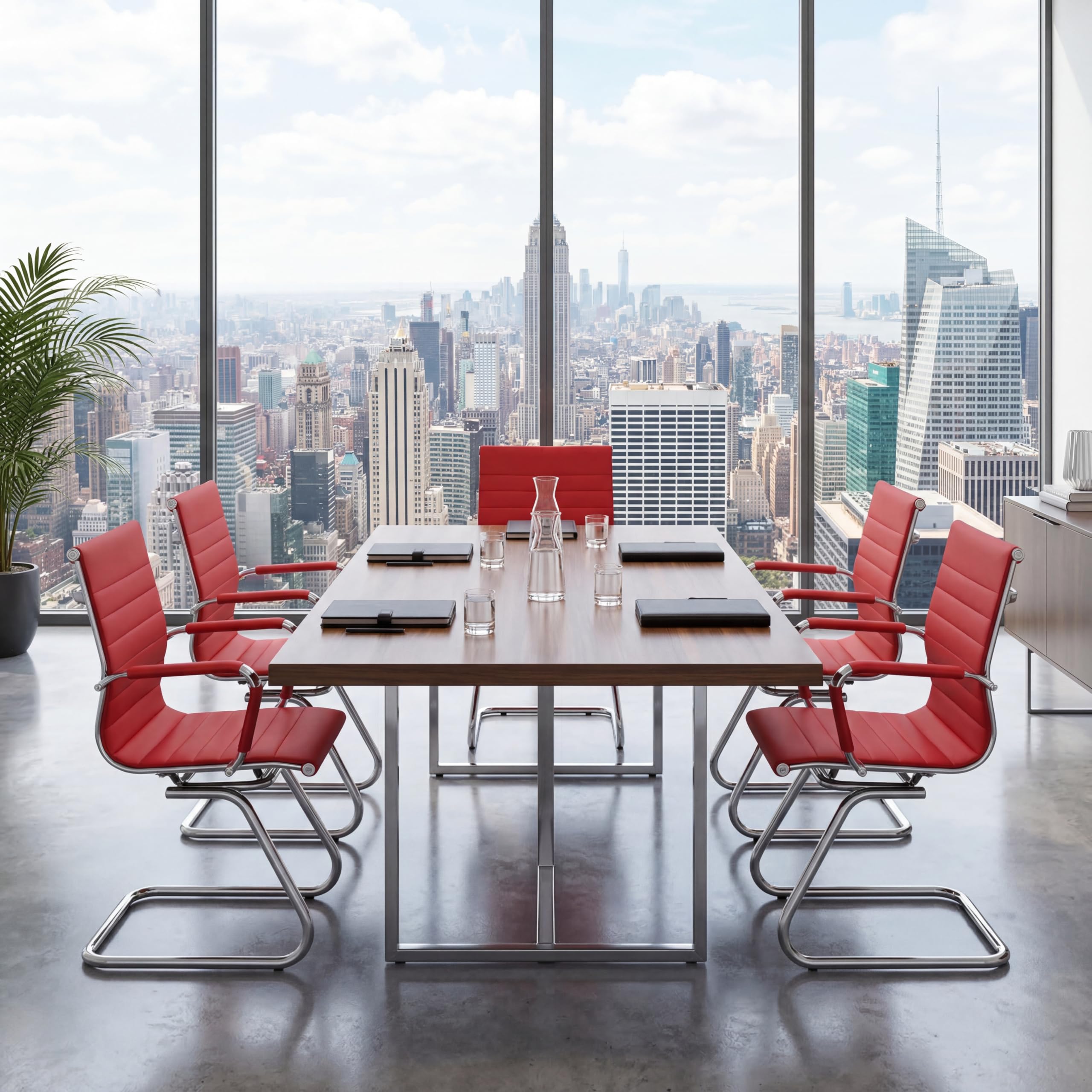 Office Desk Chair Set of 4,No Wheels PU Leather Computer Chairs Mid Back Guest Chairs with Seld Base for School/Reception/Conference/Waiting Room, Burgundy Red