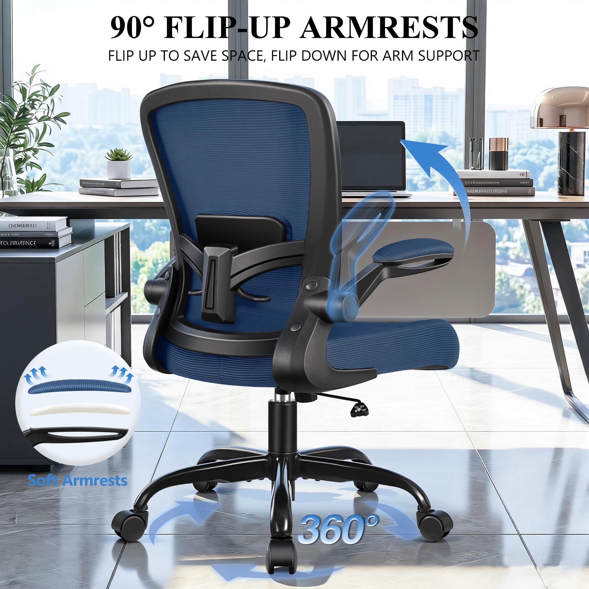 Office Chair, Ergonomic Desk Chair Breathable Mesh Chairs Adjustable High Back Lumbar Support Flip-up Armrests, Executive Rolling Swivel Comfy Computer Chairs Home Office Navy