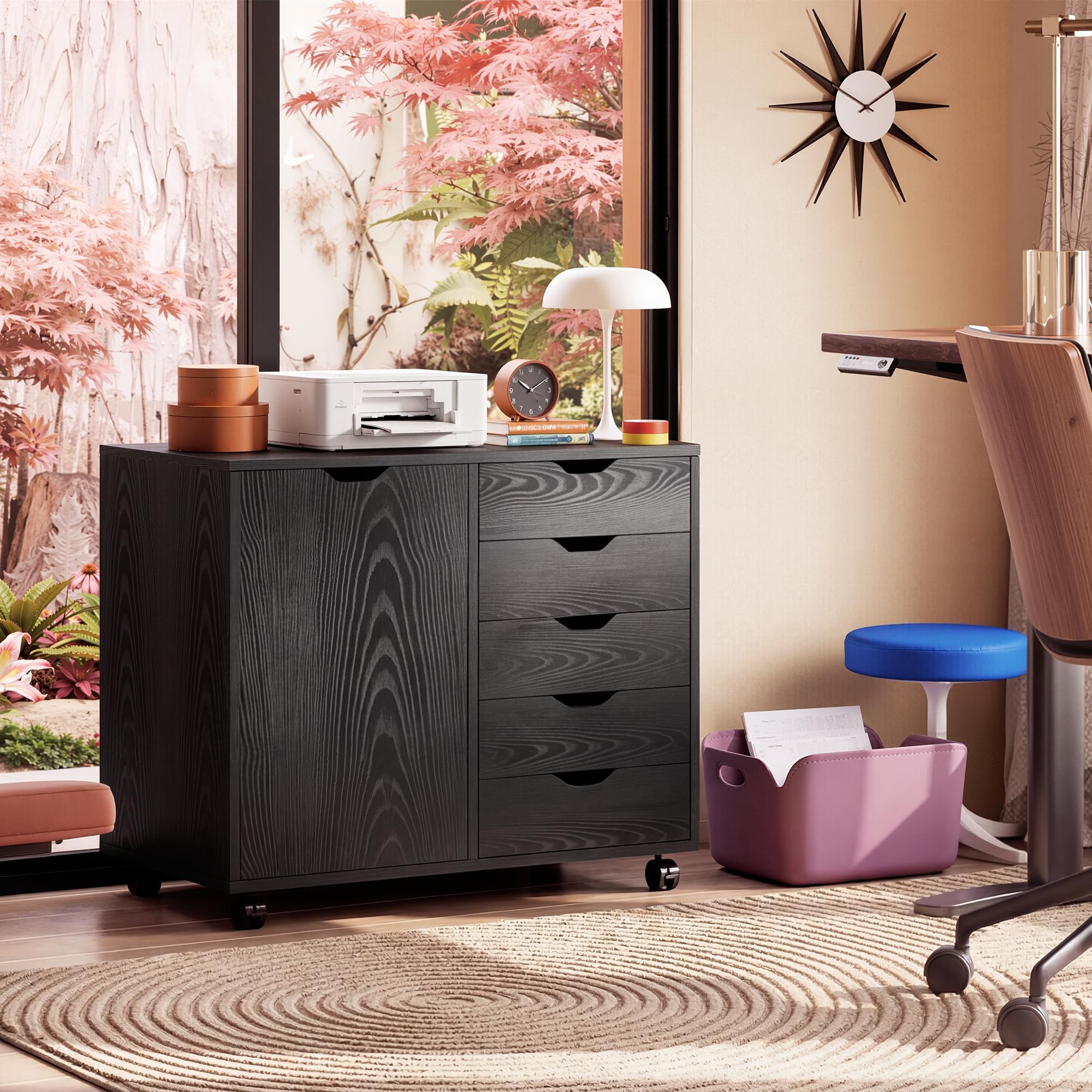 5-Drawer Wood Drawer Cabinet, Office Storage Cabinet, Black