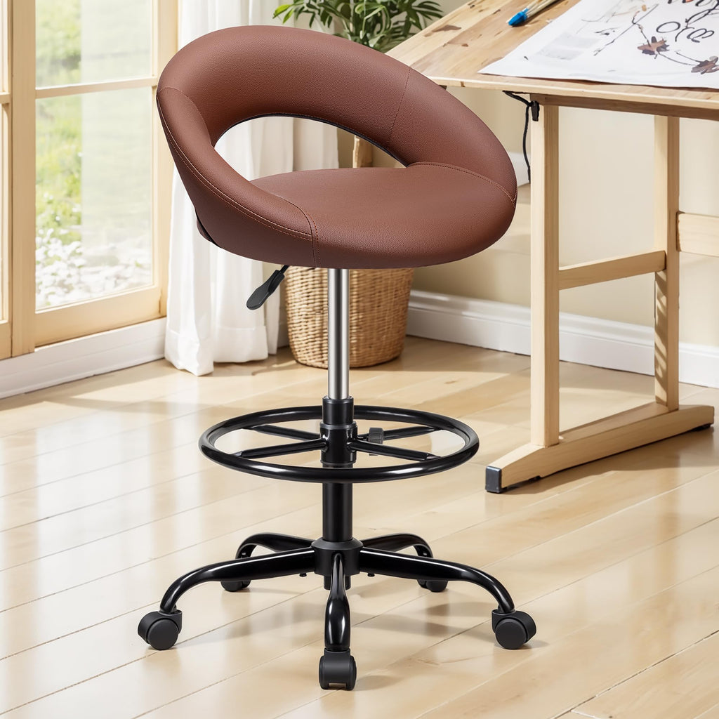 Brown 4 Pack, Drafting Chair with Back, Height Adjustable Rolling Stool with Foot Rest, Tall 360° Swivel Stool PU Leather Chair with Wheels for Home Office, Standing Desk
