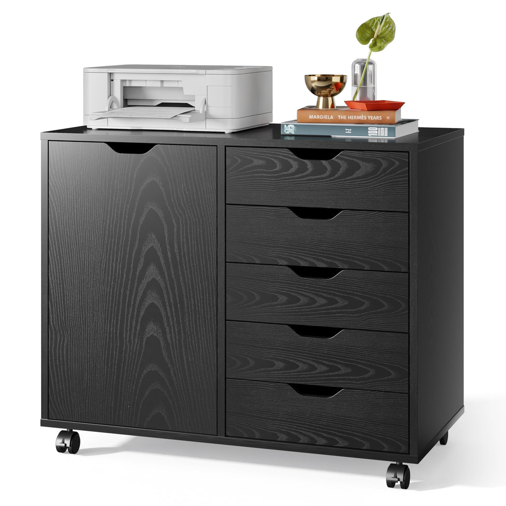 5-Drawer Wood Drawer Cabinet, Office Storage Cabinet, Black