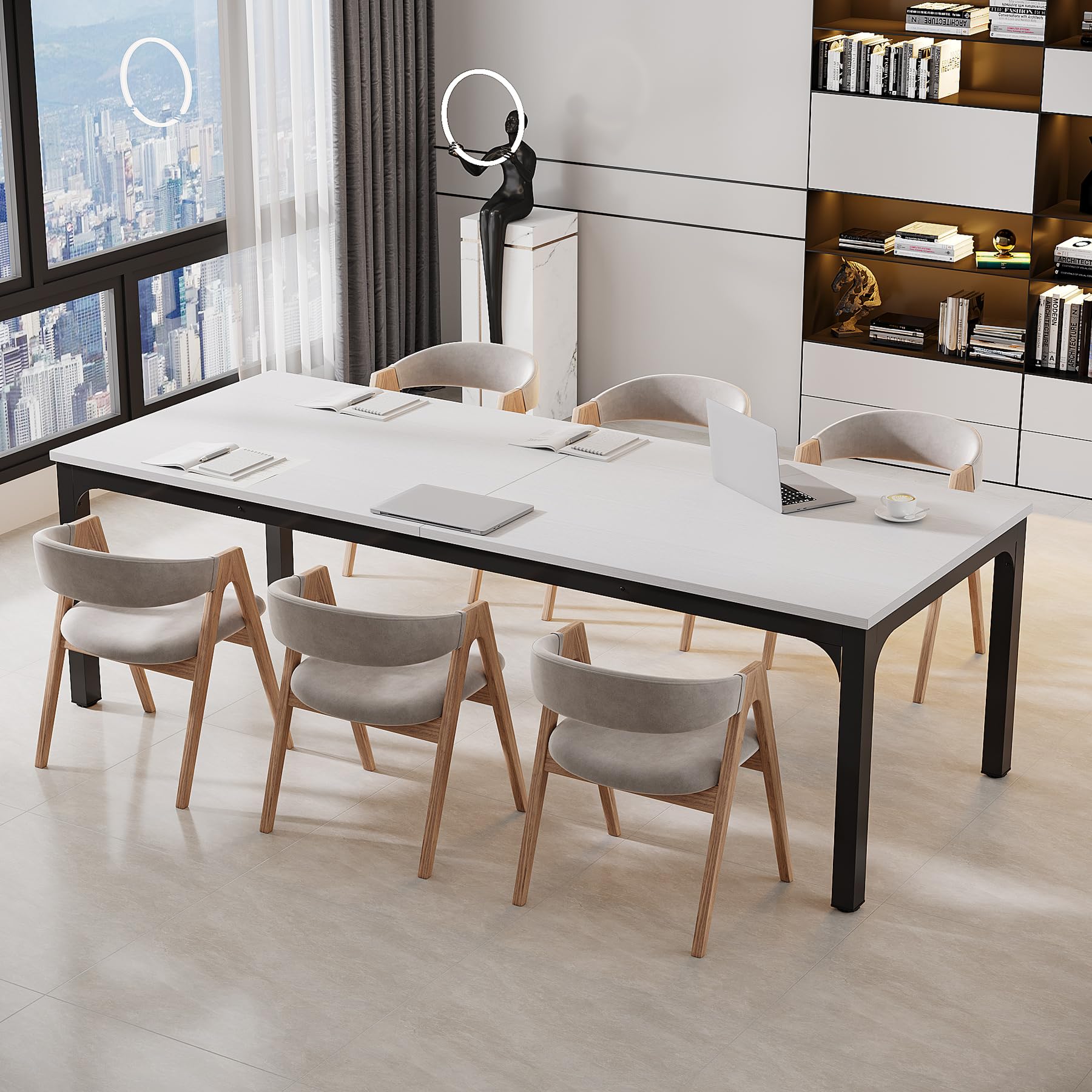 6.5 FT Conference Room Table, 78.74" W x 27.56" D Large Office Conference Table, Modern Seminar Meeting Table Desk for Boardroom, Meeting Room (1, White and Black)