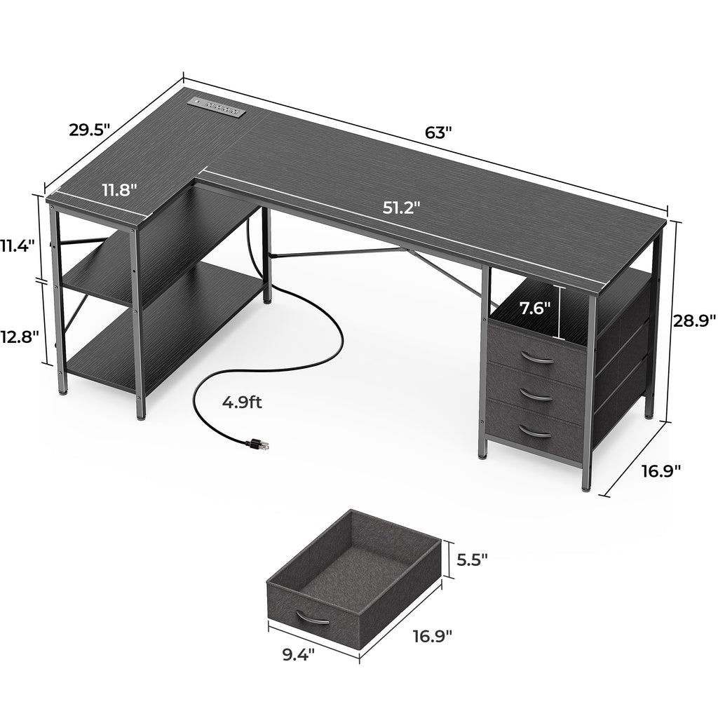 L Shaped Desk with Power Outlets, 63 Inch Reversible Computer Desk with 3 Drawers and Shelves, Home Office Table for Corner Work Study Writing Gaming, Black