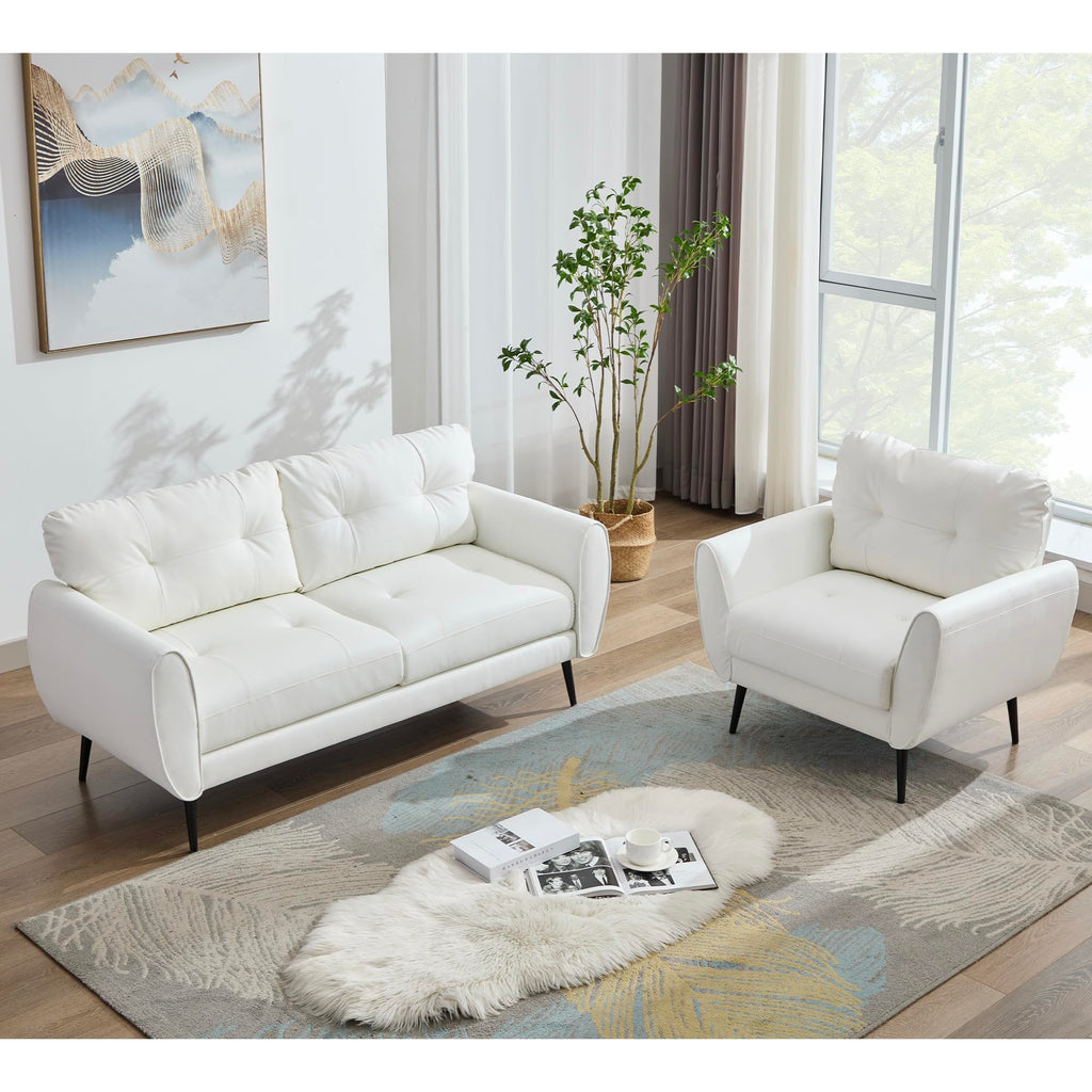 Sofa Couch 61" Small Loveseat Couches for Living Room Leather Couch Mid Century Modern Tufted Mini Sofa Comfy Office 2 Seat Settee Love Seat for Small Spaces Bedroom (3, White)