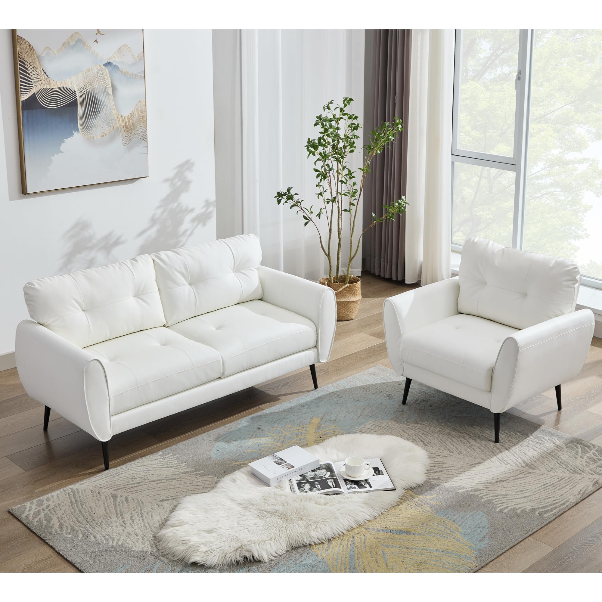 Sofa Couch 61" Small Loveseat Couches for Living Room Leather Couch Mid Century Modern Tufted Mini Sofa Comfy Office 2 Seat Settee Love Seat for Small Spaces Bedroom (3, White)