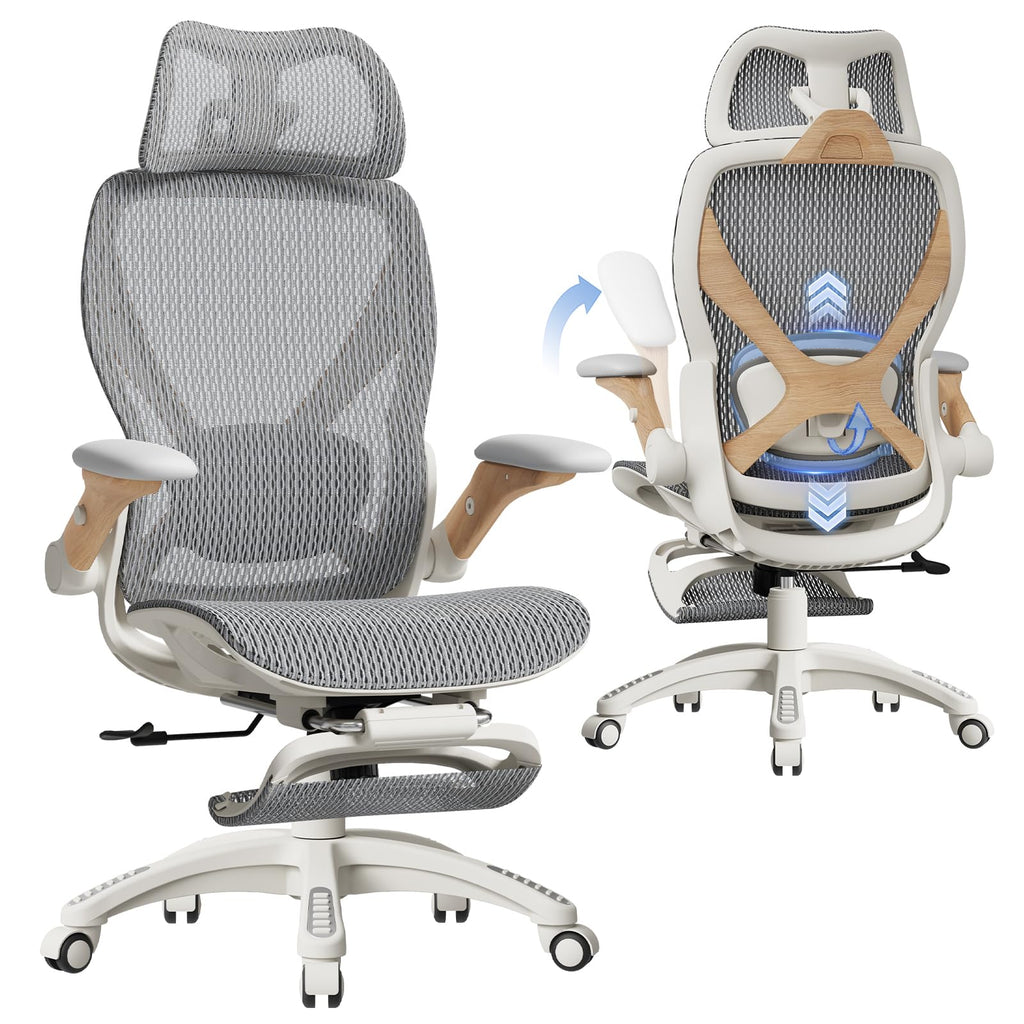 X100 Ergonomic Office Chair with Footrest, Big and Tall Home Desk Chair with 5D Flip-Up Arms, Adjustable 3D Lumbar Support,High Back Rolling Computer Chair, Swivel Mesh Chairs (Foggy Morning)
