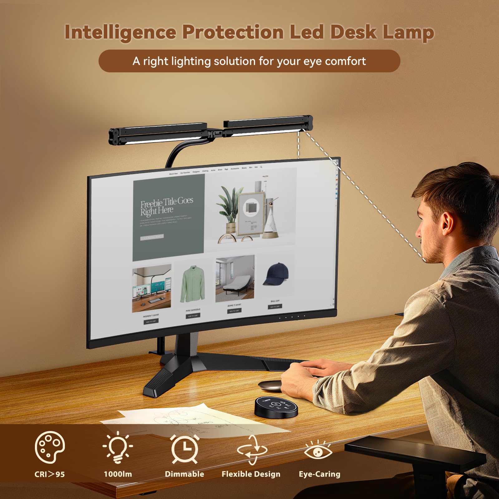 Led Desk Lamps for Home Office - Eye Caring Architect Lamp with Clamp, Double Head Computer Monitor Work Desk Light with Remote Control: 24W Flexible Dimmable Desktop Table Lamp