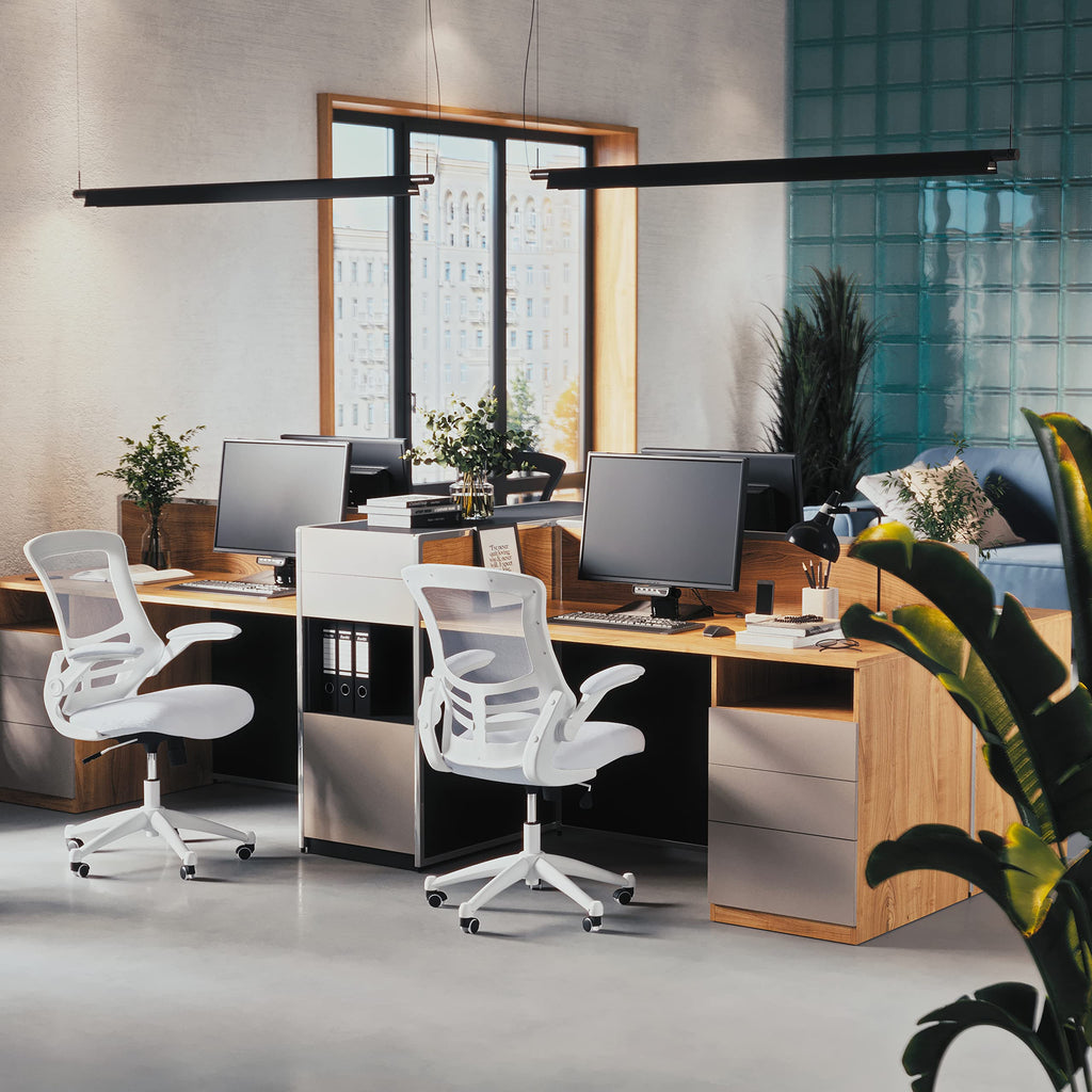 Mid-Back Swivel Office Chair with Adjustable Lumbar Support and Seat Height, Ergonomic Mesh Desk Chair with Flip-Up Armrests, White