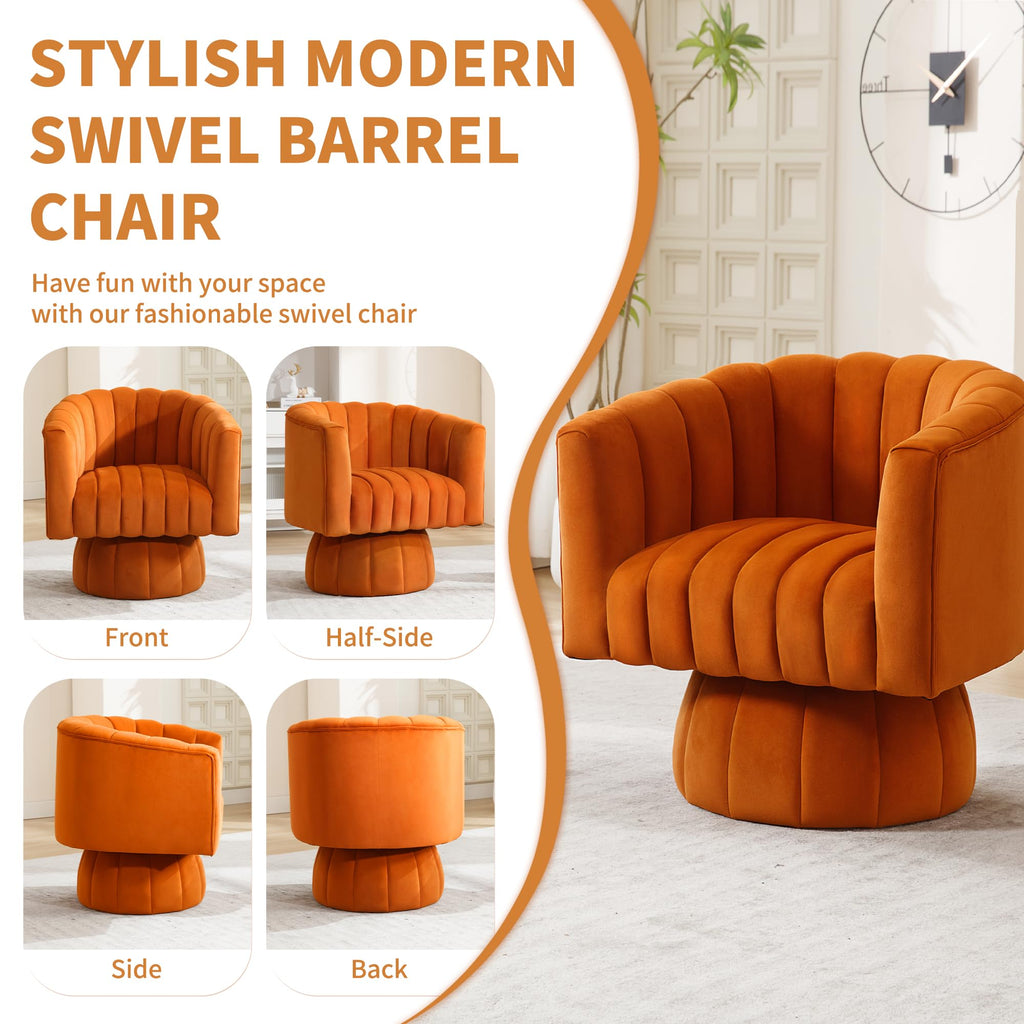 Swivel Accent Barrel Chair, Cute Comfy Small Round 360° Arm Chair, Velvet Sofa Club Reading Chair for Office, Living Room, Bedroom,  Orange