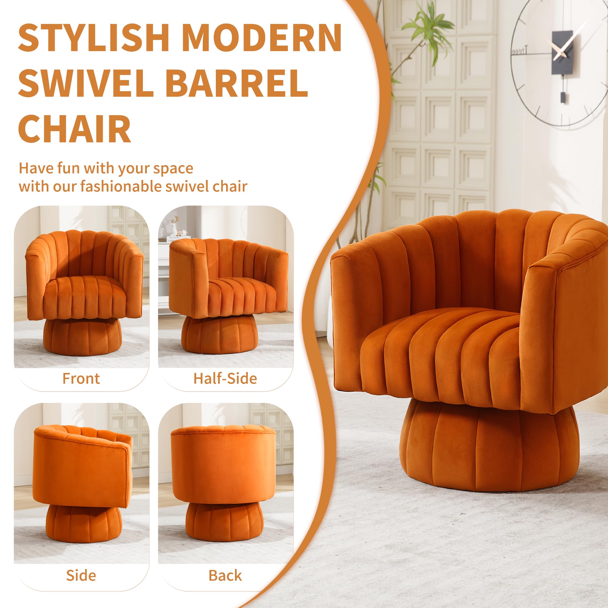 Swivel Accent Barrel Chair, Cute Comfy Small Round 360° Arm Chair, Velvet Sofa Club Reading Chair for Office, Living Room, Bedroom,  Orange