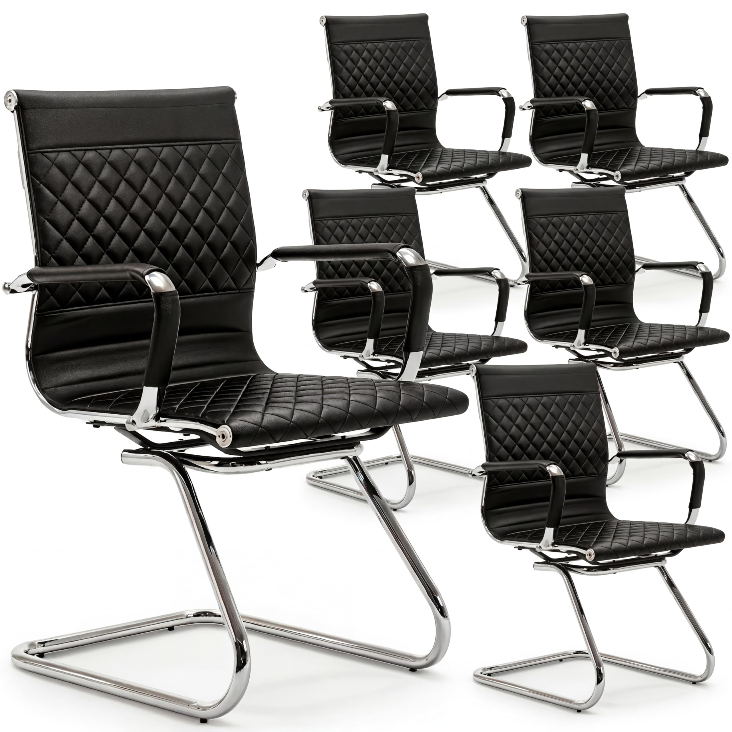 Office Chairs Set of 6 - PU Leather Desk Chair No Wheels with Arms - 400LB Capacity Sled Base Waiting Room Chairs, Modern Conference Chair for Home Office, Lobby, School Black