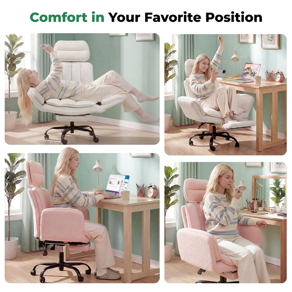 Criss Cross Office Chair with Armrests & Wheels, Comfy Velvet Vanity Chair, Ergonomic Executive Gaming Computer Chairs with Foot Rest, Wide Seat Reclining Desk Chair, White