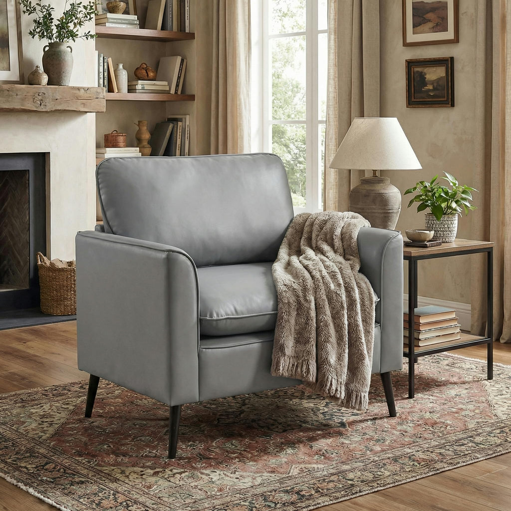 Accent Chair, Faux Leather Chairs, Mid Century Modern Comfy Living Room Chairs, Cozy Office Reading Chair, Reception Armchairs for Office, Bedroom, Waiting Room (Grey) (1)
