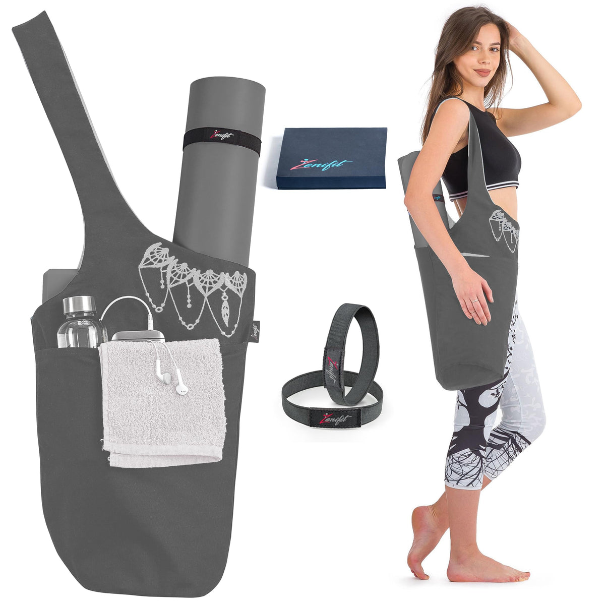 Yoga Mat Bag & Carrier with Pockets for Women, Gray & White