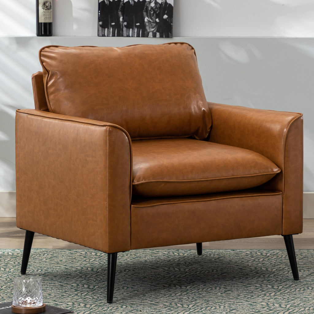 Oversized Upholstered Accent Chair, Modern Brown Leather Single Sofa for Bedroom or Living Room, Mid-Century Comfy Reading Armchair for Lounge or Waiting Area