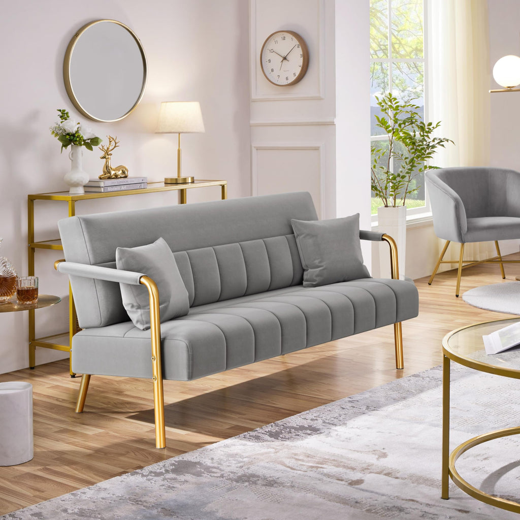 56.5" W Modern Sofa Small Sofa Luxurious Velvet Fabric Couch with Gold-Tone Metal Arms and Legs for Living Room, Office, Studio Light Gray