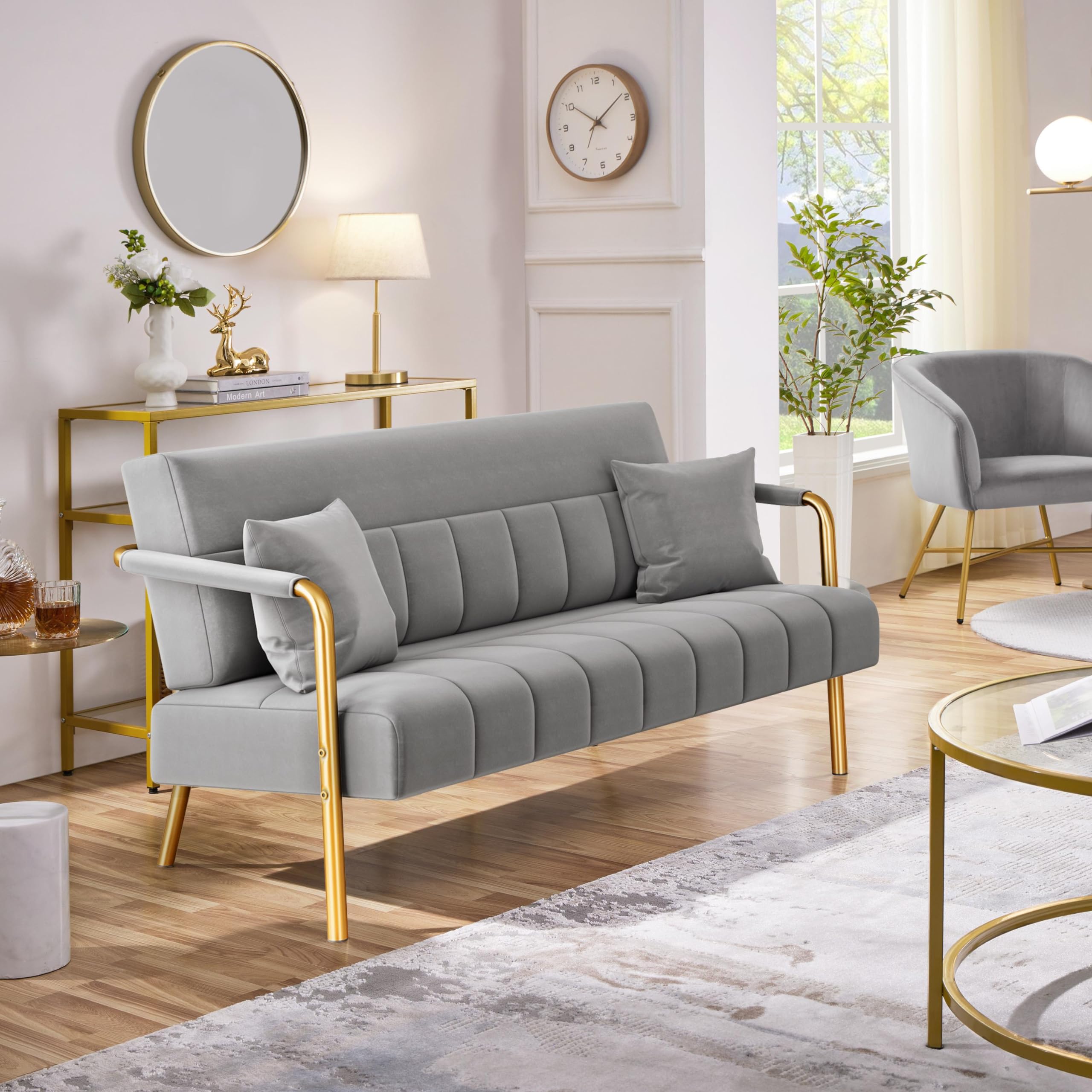 56.5" W Modern Sofa Small Sofa Luxurious Velvet Fabric Couch with Gold-Tone Metal Arms and Legs for Living Room, Office, Studio Light Gray