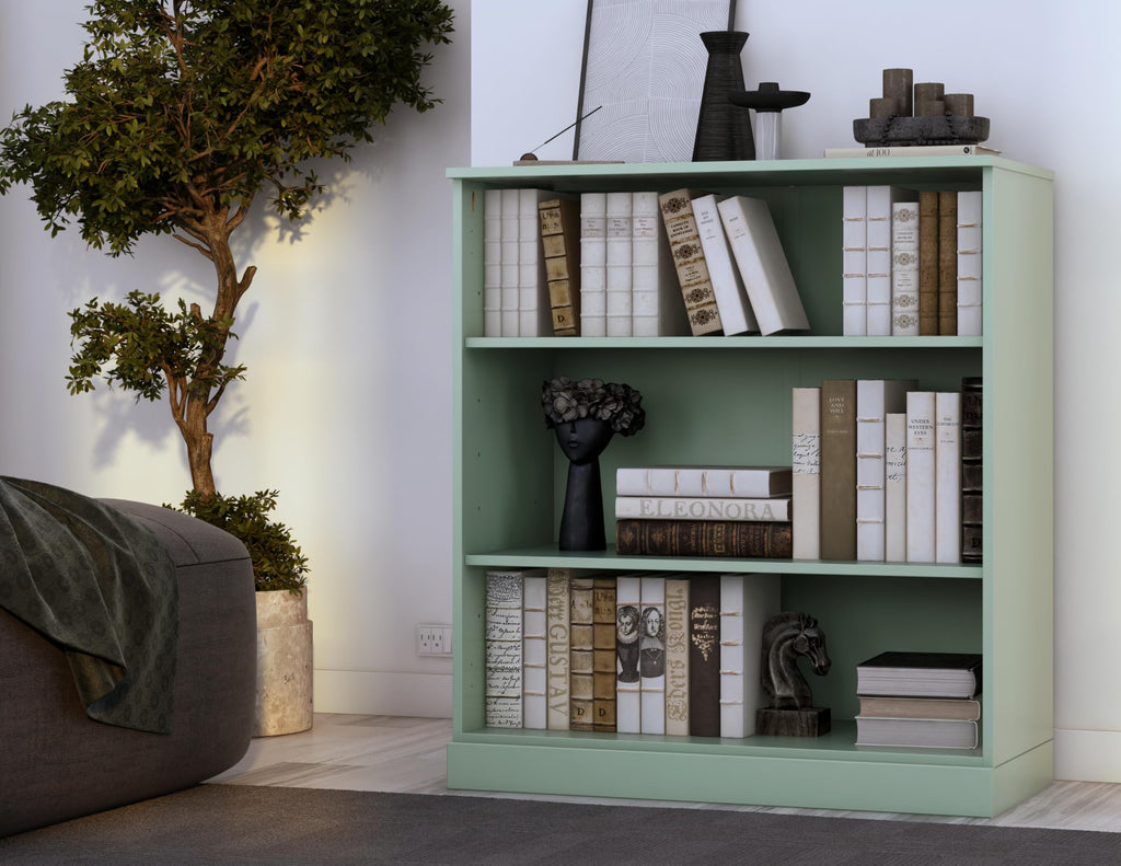 Solid Wood Bookshelf - 32” W x 36" H - 3 Shelf Bookcase - Sage, Short Bookcase with Adjustable Shelves for Living Room Display Furniture, 100% Eco-Friendly Wood, Modular Cabinets
