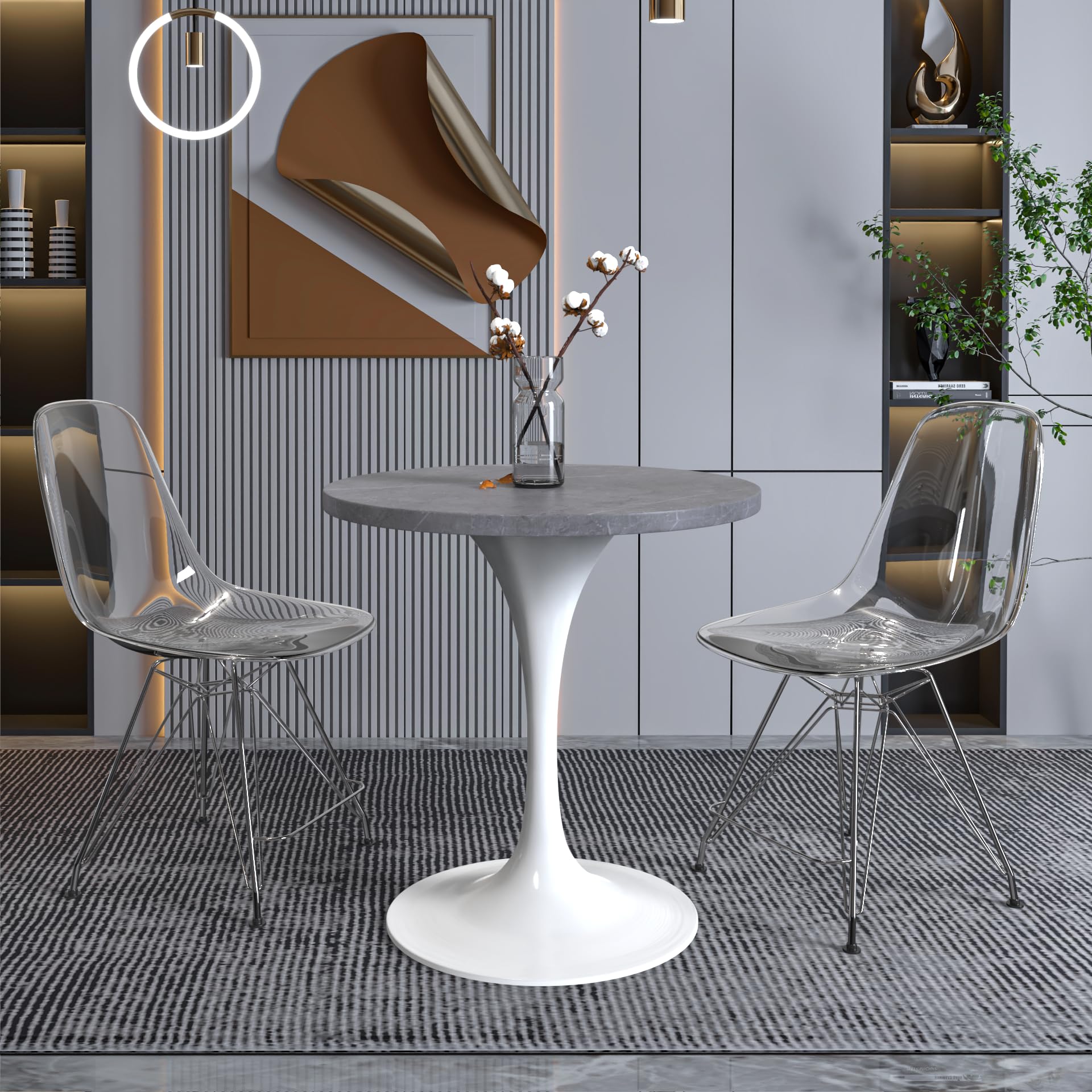 LeisureMod Verve Mid-Century Modern Dining Table with a 27" Round Sintered Stone Tabletop and White Stainless Steel Pedestal Base for Kitchen and Dining Room (Grey)