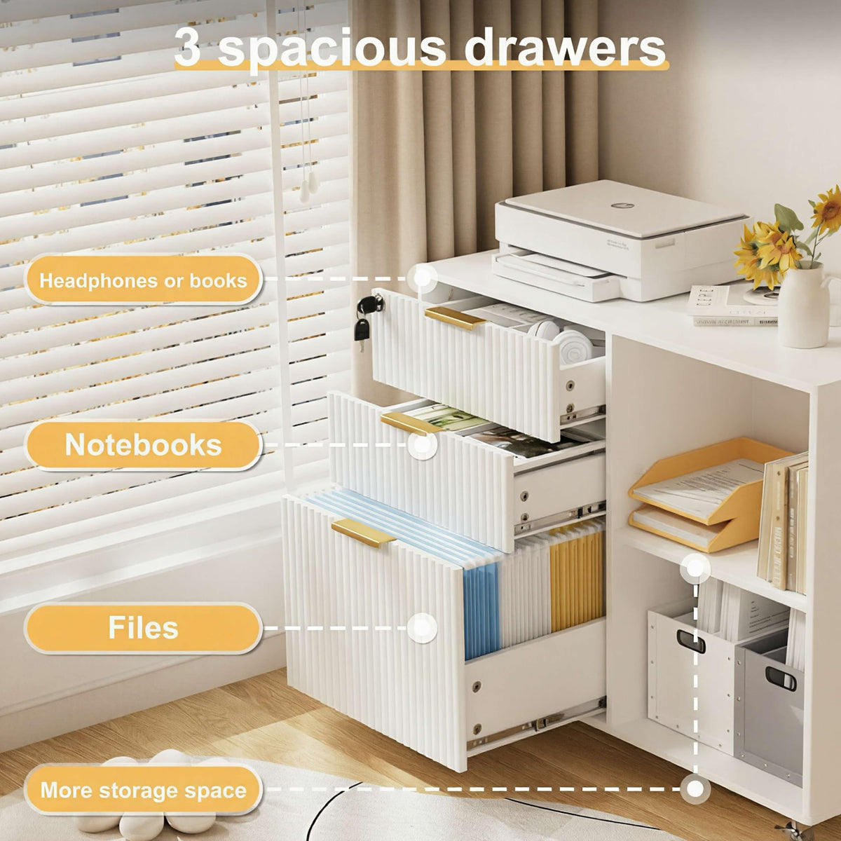 3 Drawer Fluted Mobile Filing Cabinet with Lock, Lateral Rolling Under Desk File Cabinet, Wooden Printer Stand Table for Home Office Essentials Storage Organization Furniture Letters/A4(White)