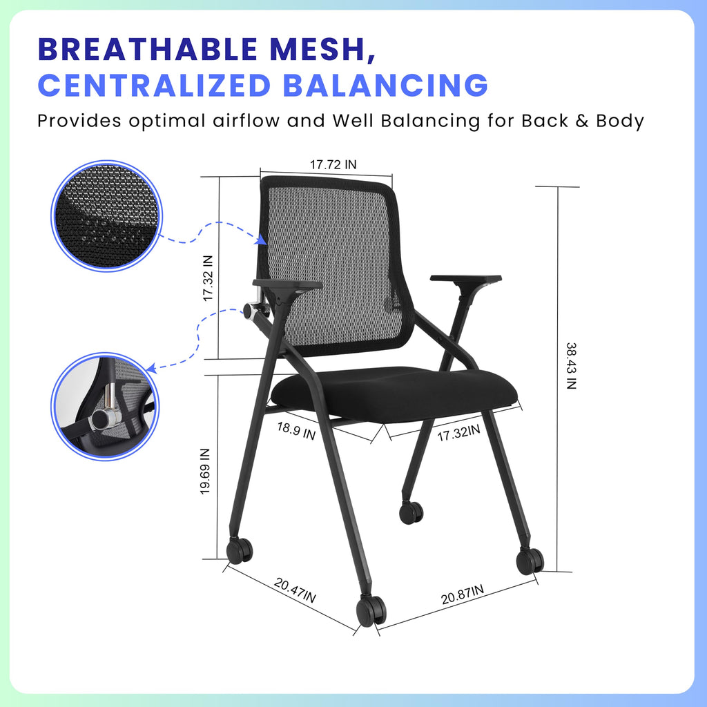 Stackable & Foldable Conference Room Chairs with 2X Thick Cushion, Lumbar Support, Armrest - Mesh Bouncing Back for Office Meeting, Conference, Training Room Chair 1 Pack