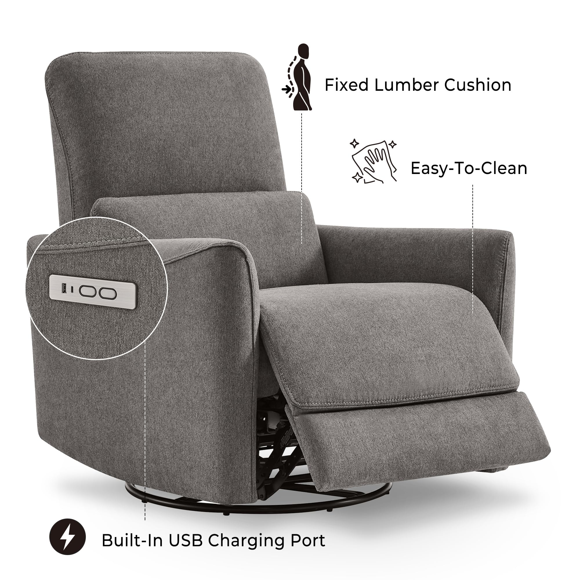 Power Recliner Chair Swivel Glider, FSC Certified Fabric Living Room Reclining Sofa Chair with Lumbar Support, Metal Grey
