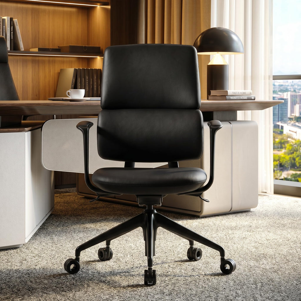Genuine Leather Office Desk Chair, Ergonomic Leather Office Chair Mid Back, Upgraded Wood Grain Finish and S Curve Back with Solid Aluminum Frame, Luxury and Mordern