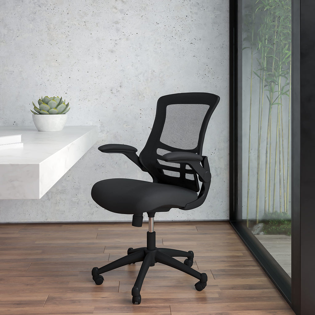 Set of 4, Mid-Back Swivel Ergonomic Task Office Chairs with Flip-Up Arms, Black Mesh