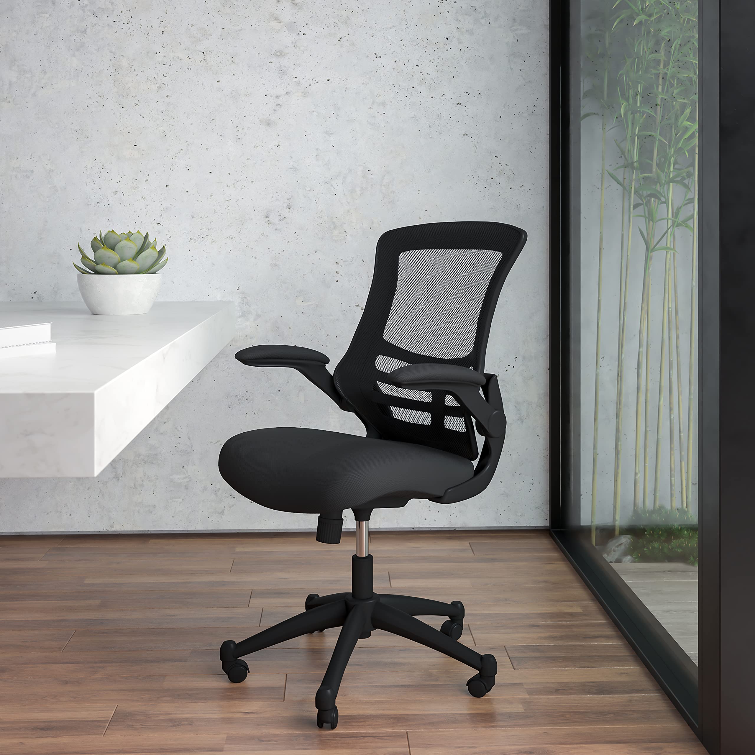 Set of 4, Mid-Back Swivel Ergonomic Task Office Chairs with Flip-Up Arms, Black Mesh