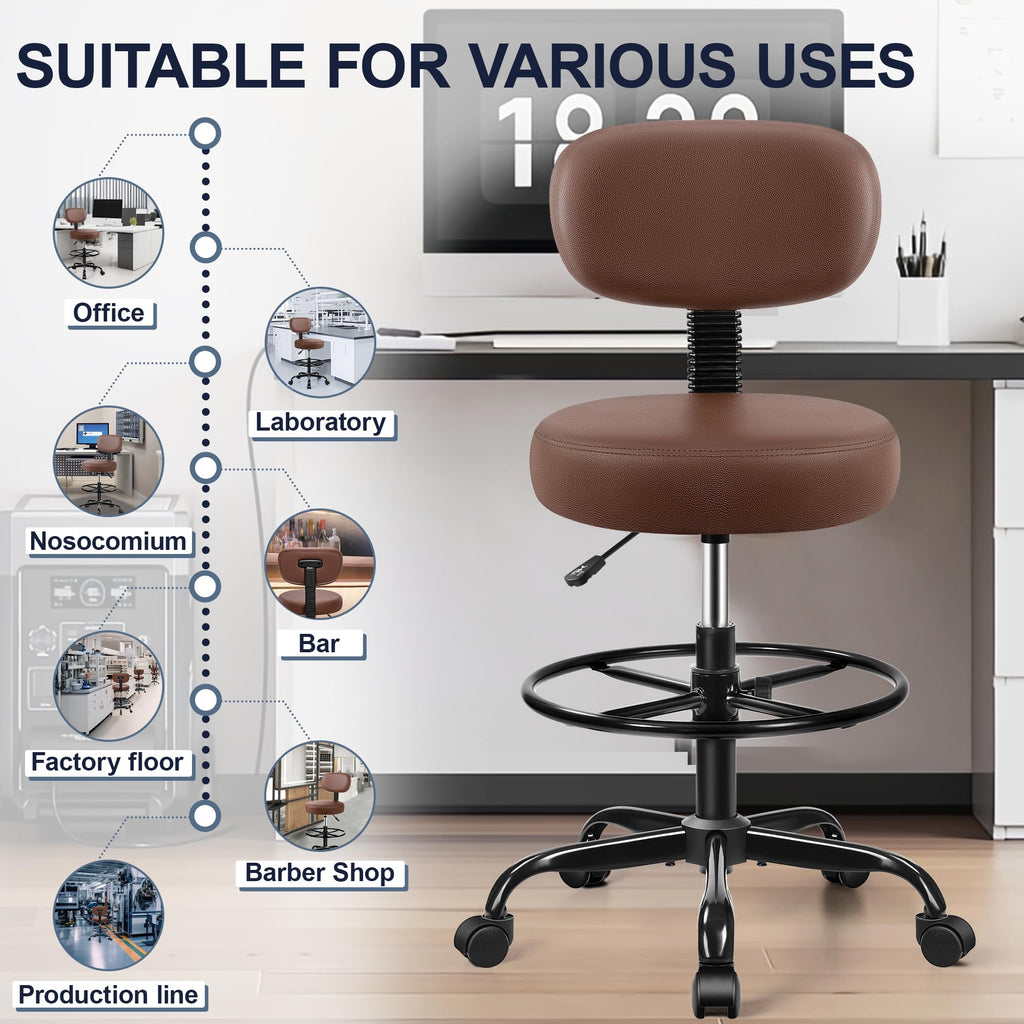 Drafting Chair with Backrest – Adjustable Foot Rest Rolling Stool with Wheels, PU Leather Swivel Stool for Office Spa Studio Lab Counter Salon Home Work Bar Kitchen Shop(Brown)