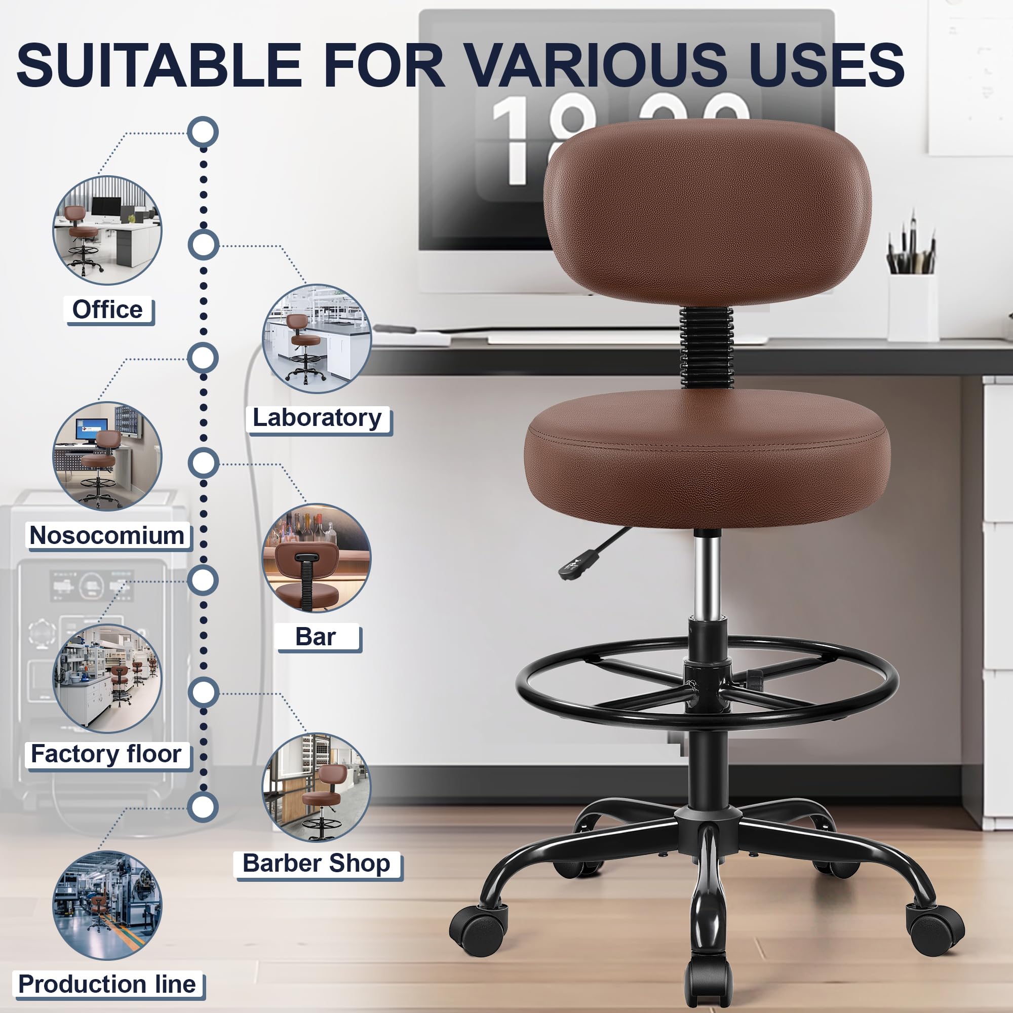 Drafting Chair with Backrest – Adjustable Foot Rest Rolling Stool with Wheels, PU Leather Swivel Stool for Office Spa Studio Lab Counter Salon Home Work Bar Kitchen Shop(Brown)