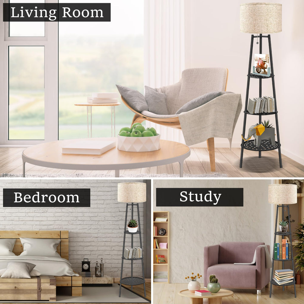 Floor Lamp with Shelves, Beige Shade Standing Lamp