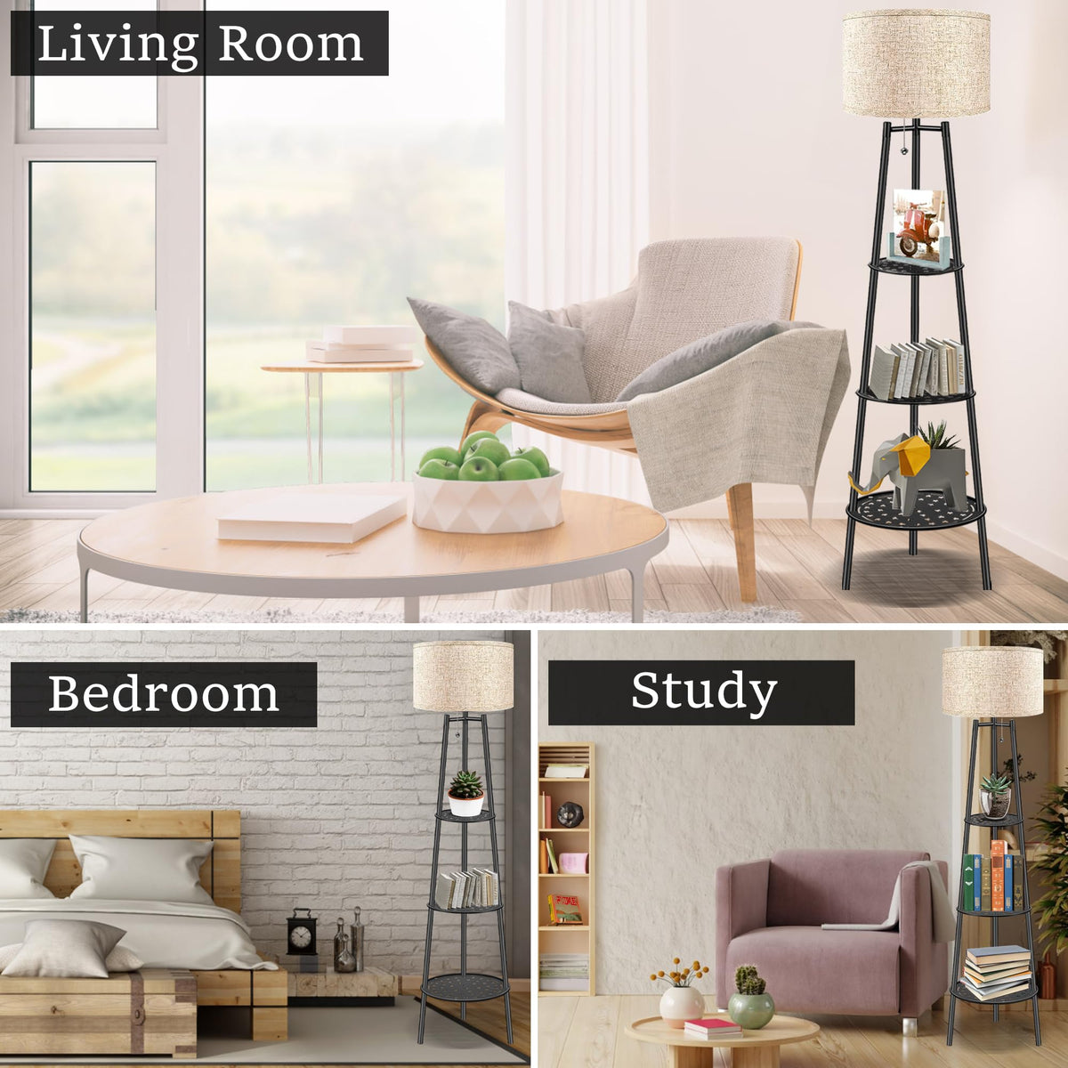 Floor Lamp with Shelves, Beige Shade Standing Lamp
