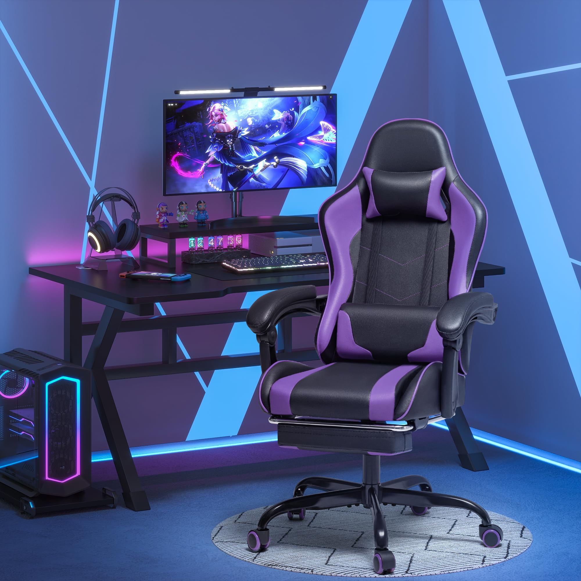 Gaming Chair, Video Game Chair with Footrest and Massage Lumbar Support, Ergonomic Computer Chair Height Adjustable with Swivel Seat and Headrest (Purple)