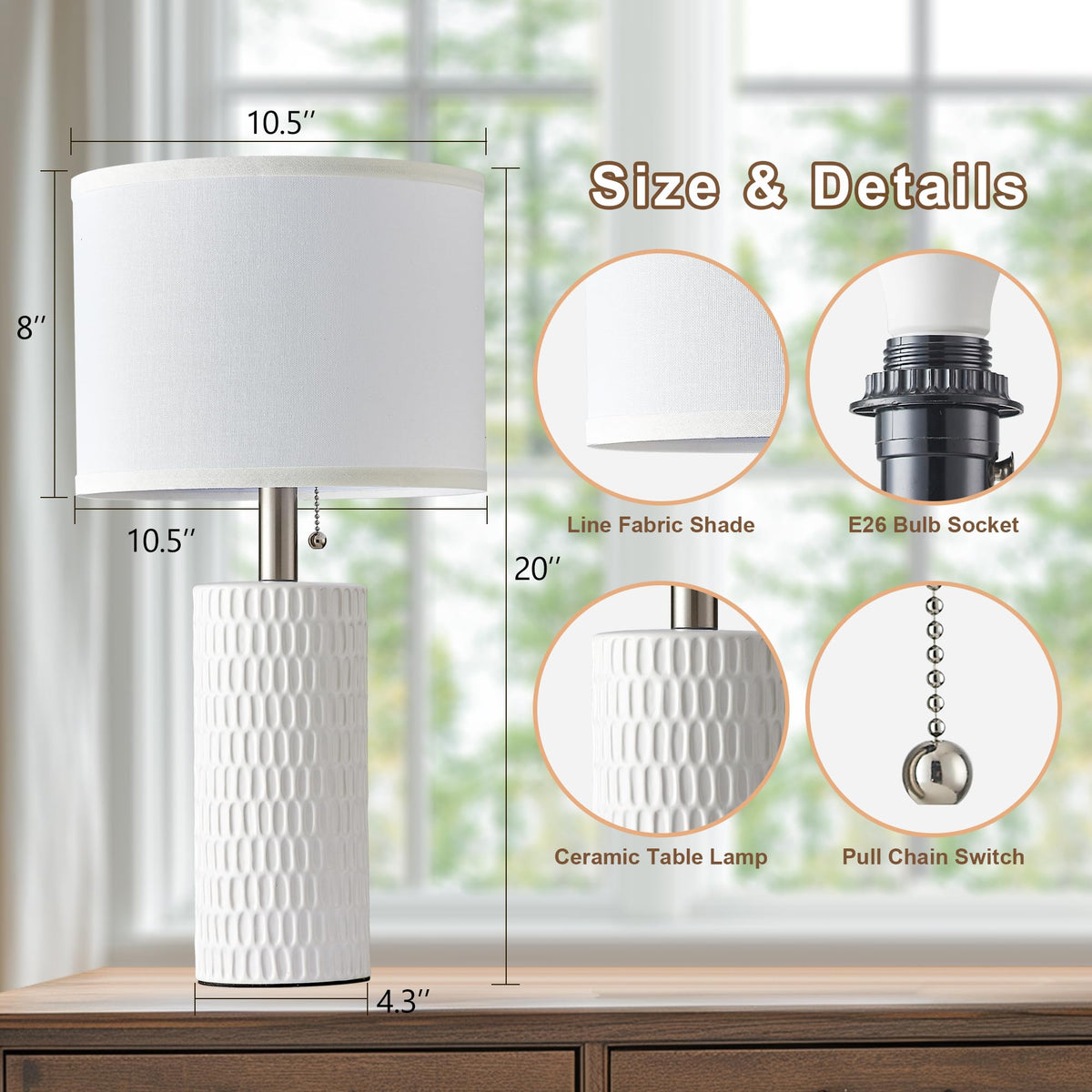20" Modern Ceramic Table Lamps for Bedroom Set of 2, Small Table Lamps for Night Stands, Living Room, Home Office and Hallways, White
