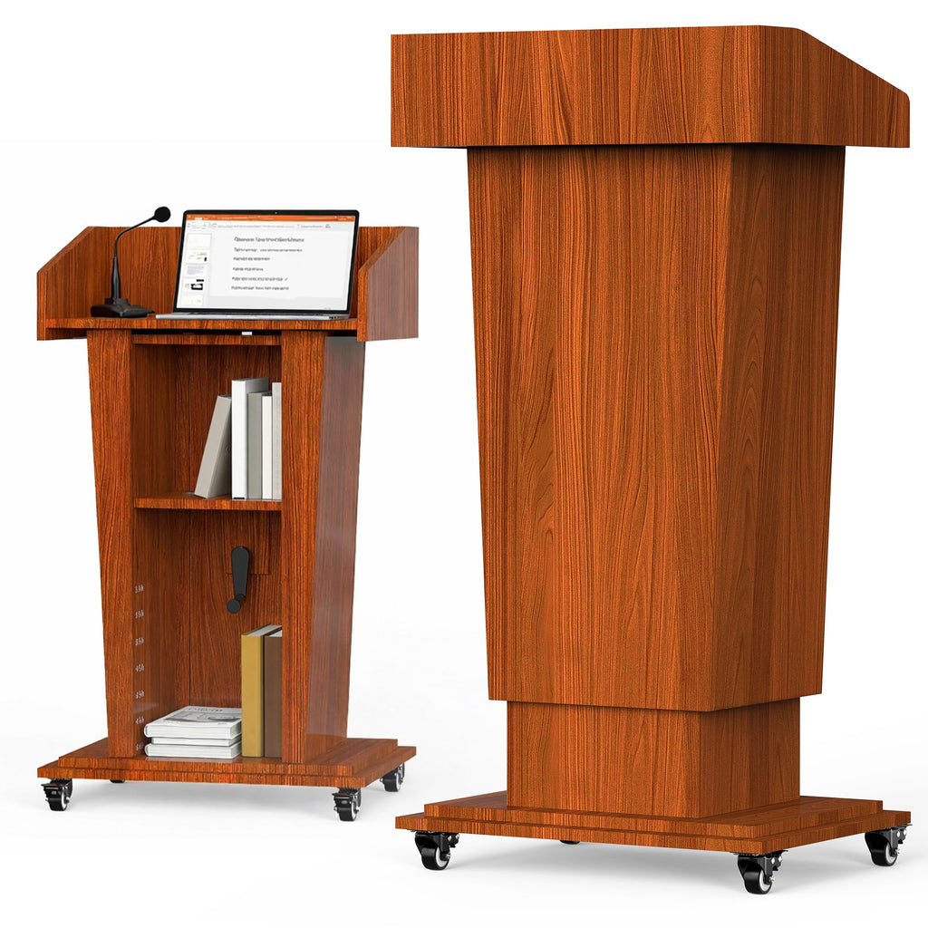 Wooden Podium Stand with Wheels, 41”–54.5” Height Adjustable Lectern, Mobile Podium with Crank Lift, Stable Base & Storage Shelf, Elegant Design for Churches, Classrooms and Conferences