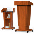 Wooden Podium Stand with Wheels, 41”–54.5” Height Adjustable Lectern, Mobile Podium with Crank Lift, Stable Base & Storage Shelf, Elegant Design for Churches, Classrooms and Conferences