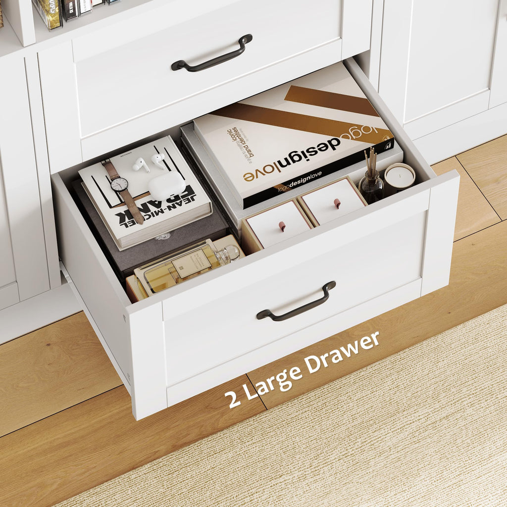 71" Tall Triple Wide Bookshelf with Storage Drawers & Doors, White