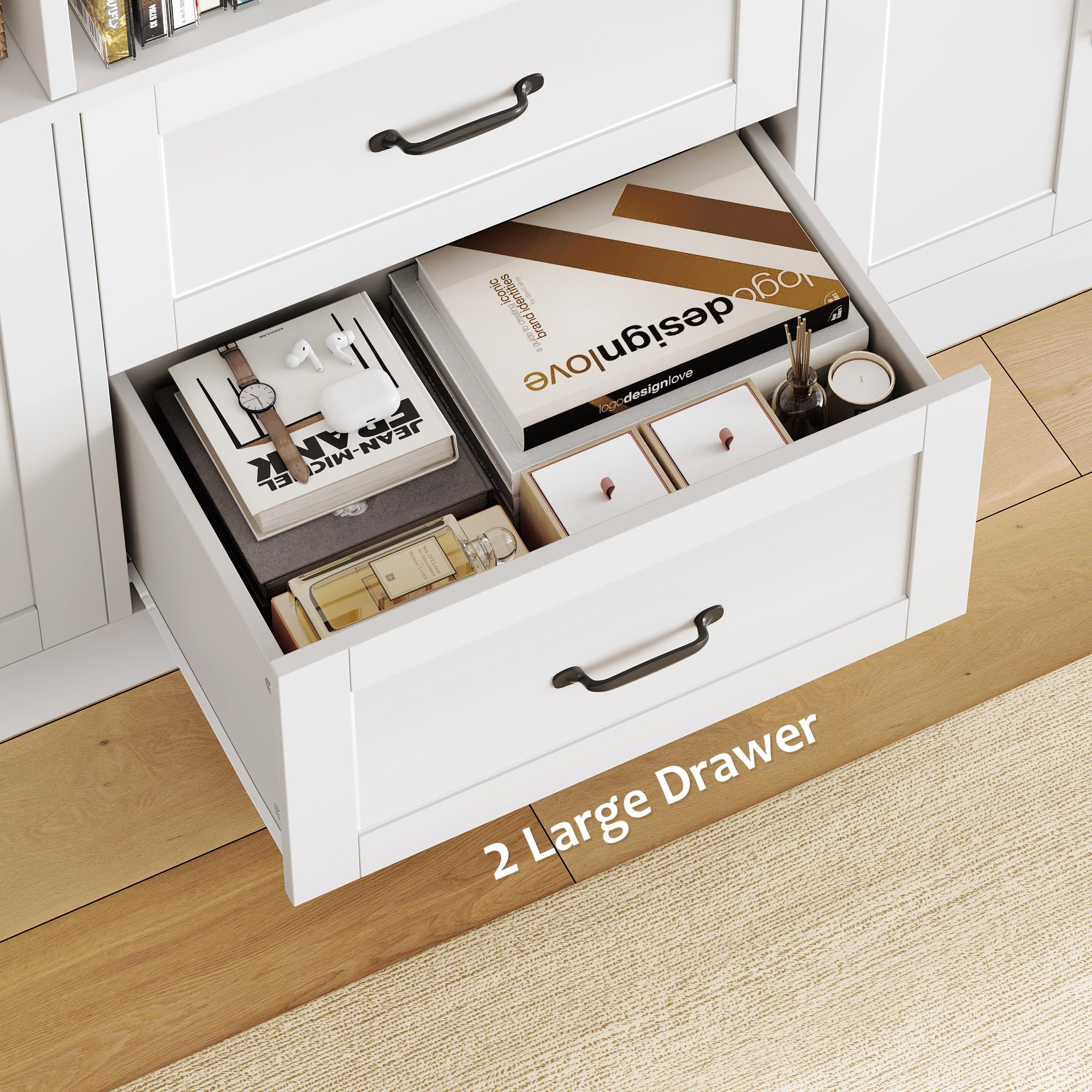 71" Tall Triple Wide Bookshelf with Storage Drawers & Doors, White