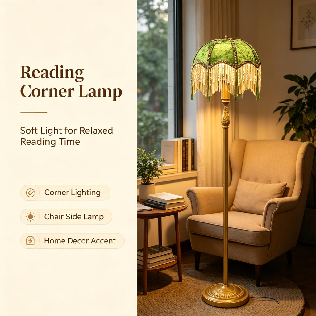 Retro Tassel Floor Lamp with Adjustable Light Simple Upright Metal Base LED Night Lamp for Room 13" Wide, 62.2" High